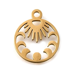 Настоящее золото 18K 304 прелести нержавеющей стали, плоский круглый с подвеской в виде фаз Луны, лазерная резка, реальный 18 k позолоченный, 14.5x12x1 мм, отверстие : 1.5 мм