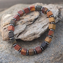 Пикассо Камень Эластичные браслеты из кубического натурального яшмы Пикассо и синтетических немагнитных гематитовых бусин для женщин и мужчин., регулируемый