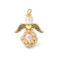 Pink Стеклянные жемчужины круглые бусины подвески, ангельские прелести, со стеклянными бусинами, крылом из сплава и железной петлей, розовые, 27x20x12.5 мм, отверстие : 2 мм