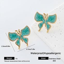 Dark Turquoise 304 Stainless Steel Enamel Butterfly Stud Earrings for Women, Golden, Dark Turquoise, 23x27mm