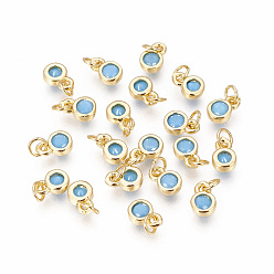 Deep Sky Blue Brass with Single Cubic Zirconia Charms, Single Stone Charms, Flat Round, Golden, Deep Sky Blue, 6.5x4.5x2mm, Hole: 2.5~3mm