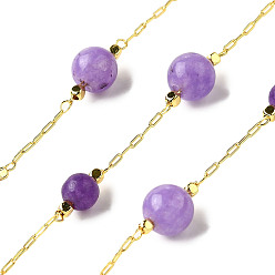 Смешанные камни Круглые цепочки из бусин из натурального аметиста и окрашенного белого нефрита ручной работы, пайки, с реечной обшивкой латунными выводами, долговечный, без свинца и без кадмия, с катушкой, реальный 18 k позолоченный, 6~15 мм