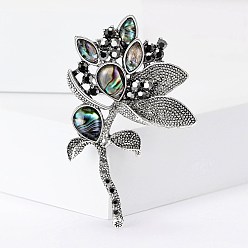 Antique Silver Alloy Rhinestone Brooches, with Shell, Antique Silver, 71x21mm
