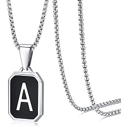 Letter A 304 Прямоугольное ожерелье из нержавеющей стали с черной эмалью и подвеской в виде коробки с инициалом., цвет нержавеющей стали, буква a, 23.62 дюйм (60 см)
