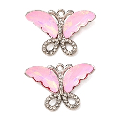Pink Alloy & Glass & Crystal Rhinestone Pendnats, Butterfly Charms, Platinum, Faceted, Pink, 20x29.5x6mm, Hole: 1.6mm