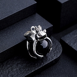 Обсидиан Подвески в виде круглых шариков из натурального обсидиана, подвески в виде лягушки из сплава, платина, 32x18 мм