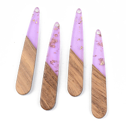 Lilac Transparent Resin & Walnut Wood Pendants, with Gold Foil, teardrop, , Lilac, 44x7.5x3mm, Hole: 1.5mm