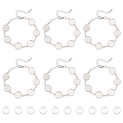 Нержавеющая Сталь Цвет Круглый поднос 304 браслеты из звеньев из нержавеющей стали, с прозрачными стеклянными кабошонами, удлинителем цепочки и застежкой-карабином, цвет нержавеющей стали, 6-3/4 дюйм (17 см), лоток : 12 мм, 12 шт / комплект