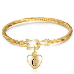 Letter G Браслеты из нержавеющей стали, с сердцем очарование, золотые, для женщин, Буква G, внутренний диаметр: 2-1/4 дюйм (5.8 см)