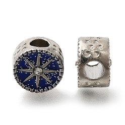 Темно-Синий Наберешь покрытие эмали сплава европейские шарики, со стразами и пайетками, без свинца и без кадмия, бусины с большим отверстием, плоские круглые со звездой, темно-синий, 12x8.5 мм, отверстие : 4.5 мм