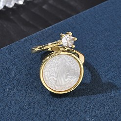 Human Brass Micro Pave Clear Cubic Zirconia Cuff Open Rings, with White Shell, Flat Round, Long-Lasting Plated, Rack Plating, Lead Free & Cadmium Free, Real 18K Gold Plated, Saint Benedict, 17mm