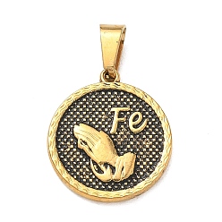 Antique Golden Religion 304 Stainless Steel Pendants, Round with Prayer Hands Charms, with 201 Stainless Steel Bails, Ion Plating(IP), Antique Golden, 21x18x2mm, Hole: 7x4mm