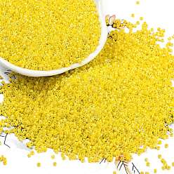 Желтый Непрозрачные цвета блестящие стеклянные бусины, цилиндр, желтые, 1.6x1.3 мм, отверстие : 0.8 мм, Около 60000 шт / фунт