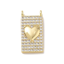 Настоящее золото 18K Подвески из латуни с микро-паве ко Дню святого Валентина, прозрачные циркониевые подвески, прямоугольник с подвесками в виде сердечек, стойки покрытие, долговечный, без кадмия и без свинца, реальный 18 k позолоченный, 22x10.5x4 мм, отверстие : 1.5 мм
