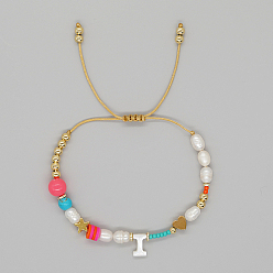 Letter I Initial Letter Natural Pearl Braided Bead Bracelet, Adjustable Bracelet, Letter I, 11 inch(28cm)