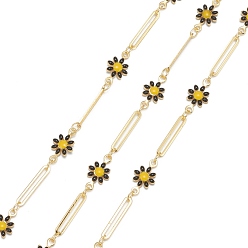Black Handmade Golden Brass Enamel Link Chains, with Spool, Soldered, Long-Lasting Plated, Flower & Rectangle, Black, 15x2.5x0.5mm, 32.8 Feet(10m)/roll