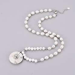 Говлит Ожерелье из натурального черного обсидиана, с жемчуг, латунная фурнитура и бусины из гематита, плоские круглые с дерева жизни, 21.06 дюйм (53.5 см)