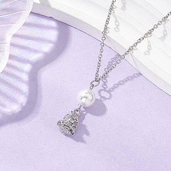 Белый Подвеска из сплава с цветком розы и круглым жемчугом-ракушкой 304 Женские ожерелья из нержавеющей стали с цепочкой, цвет нержавеющей стали, белые, 17.76 дюйм (45.1 см)