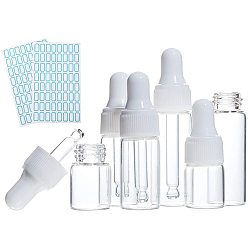 Clear Glass Essential Oil Bottles Sets, with Long Thin Dropper and Plastic Caps and Waterproof Sticker Labels, Clear, Capacity: 2ml/3ml/5ml, 15set/bag