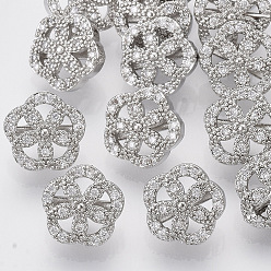Platinum Brass Shank Buttons, with Micro Pave Cubic Zirconia, Flower, Clear, Platinum, 9.5x10x6.5mm, Hole: 1.4mm