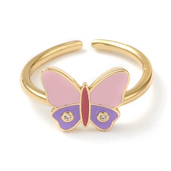 Pink Латунные кольца из манжеты с прозрачным цирконием, открытые кольца, с эмалью, бабочка, золотые, розовые, размер США 6, внутренний диаметр: 17 мм