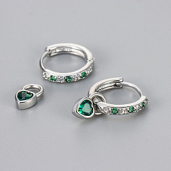 Green Brass Micro Pave Cubic Zirconia Hoop Dangle Earrings, Heart, Platinum, Green, 15.5mm