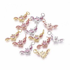 (52) Непрозрачная лаванда Латунные микро проложить кубического циркония подвески, краб, красно-фиолетовые, разноцветные, 22x8x2 мм, отверстие : 3~3.5 мм