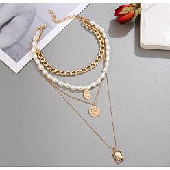 Плоский Круглый Ожерелья из сплава с подвесками из многослойной цепи для женщин, золотые, плоско-круглые, 17.72 дюйм (45 см)