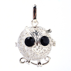Silver Rack Plating Brass Cage Pendants, Nickel Free, For Chime Ball Pendant Necklaces Making, with Rhinestone, Owl, Silver, 32x27x23mm, Hole: 3mm, inner measure: 18mm