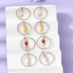 Couleur Mélangete Micro cuivres ouvrent zircone cubique boucles d'oreille, bague et fleur, avec l'émail, crémaillère plaquage, plaqué longue durée, sans cadmium et sans plomb, platine, couleur mixte, 22x21mm