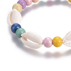 Colorful Stretch Bracelets, with Wood Beads and Shell Beads, Colorful, 2-1/8 inch(5.3cm)