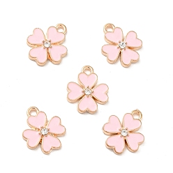 Pink Подвески из эмали и сплава, со стразами, золотой свет, клевер, розовые, 15.5x13x2.5 мм, отверстие : 1.8 мм