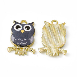 Gray Painted Alloy Pendants, Owl Charm, Cadmium Free & Nickel Free & Lead Free, Golden, Gray, 21.5x15x2.3mm, Hole: 2mm