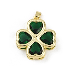 Темно-Зеленый Латунь стекло кулоны, клевер, без свинца и без кадмия, долговечный, стойки покрытие, реальный 18 k позолоченный, граненые, темно-зеленый, 24x21.5x5.5 мм, отверстие : 5x2.5 мм