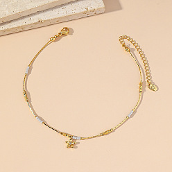 Белый Браслет на лодыжку из нержавеющей стали и стекла с подвеской в виде цветка, инкрустированной прозрачными кубическими циркониями 304, золотые, белые, 7-7/8 дюйм (200 мм)