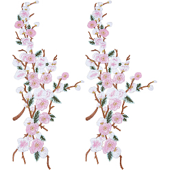 Pink 2Pcs Polyester Embroidery Iron On Patches Appliques, Ornament Accessories for Cheongsam, Dress, Yulan Flower, Pink, 420x160x1.2mm