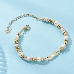 Говлит Бесконечность 304 из нержавеющей стали ссылка браслеты, Браслеты из синтетических драгоценных камней, ракушек и латунных бусин для женщин, 7-1/8 дюйм (18 см)