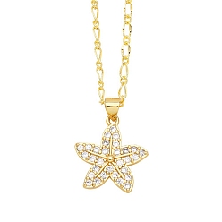 Starfish Brass Micro Pave Cubic Zirconia Pendant Necklaces, Starfish, 17.72 inch(45cm), Pendant: 24x18mm