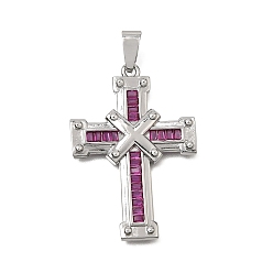 Platinum Brass Micro Pave Magenta Cubic Zirconia Pendants, Cross Charms, Platinum, 38x25x3mm, Hole: 8x3.5mm