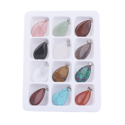 Mixed Color Natural & Synthetic Mixed Gemstone Pendants, with Brass Clasps, Teardrop, Mixed Color, 28x17x5mm, Hole: 6x2mm, 12pcs/box