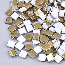 White Electroplate Opaque Glass Seed Beads, 2-Hole, Rectangle, Golden Plated, White, 5x4.5~5.5x2~2.5mm, Hole: 0.5~0.8mm