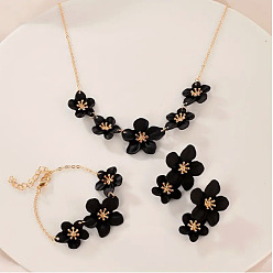 Черный Наборы из цветочных браслетов, серег и ожерелий из сплава с распылением краски для женщин, чёрные, 530 мм