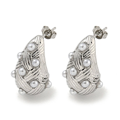 Platinum Teardrop Rack Plating Brass Cuff Earrings, Plastic Imitation Pearl Earrings for Women, Cadmium Free & Lead Free, Long-Lasting Plated, Platinum, 23x14~15mm