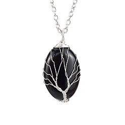Obsidian Natural Obsidian Oval Pendant Necklace with Platinum Alloy Chains, 20.87 inch(53cm)