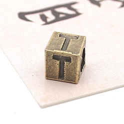 Letter T Европейские бусины из антикварного бронзового сплава, бусины с большим отверстием, куб с письмом, Письмо T, 7x7x7 мм, отверстие : 5 мм