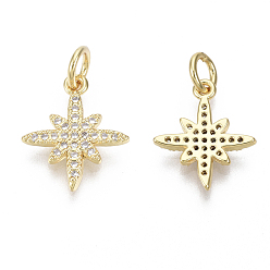 Настоящее золото 18K Латунные микропаве прозрачные кубические циркониевые подвески, с целью перехода в кольце, без никеля , восемь звезда, реальный 18 k позолоченный, 14x12x2 мм, отверстие : 3 мм