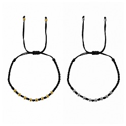 Black Round Brass Braided Bead Bracelet Sets for Women Men, Adjustable Stackable Bracelets, Platinum & Golden, Black, 11.02 inch(28cm), 2pcs/set