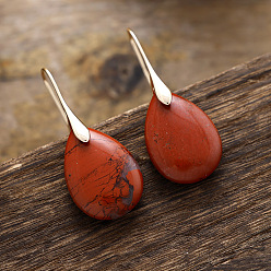 Красный Камень Серьги-капли из латуни, с естественной красной яшмой, золотые, 40x18 мм