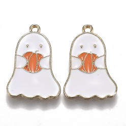 Light Gold Подвески из сплава с эмалью на тему Хэллоуина, белый призрак с тыквенным фонарем, золотой свет, 22x15x1.5 мм, отверстие : 1.6 мм