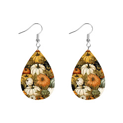 Colorful Iron & Imitation Leather Dangle Earrings, Teardrop with Flower Pattern, Silver, Colorful, 75x37mm